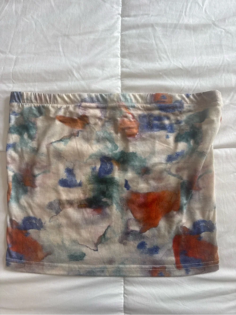 Abstract Watercolor Tube Top in Cream with Blue & Rust Accents